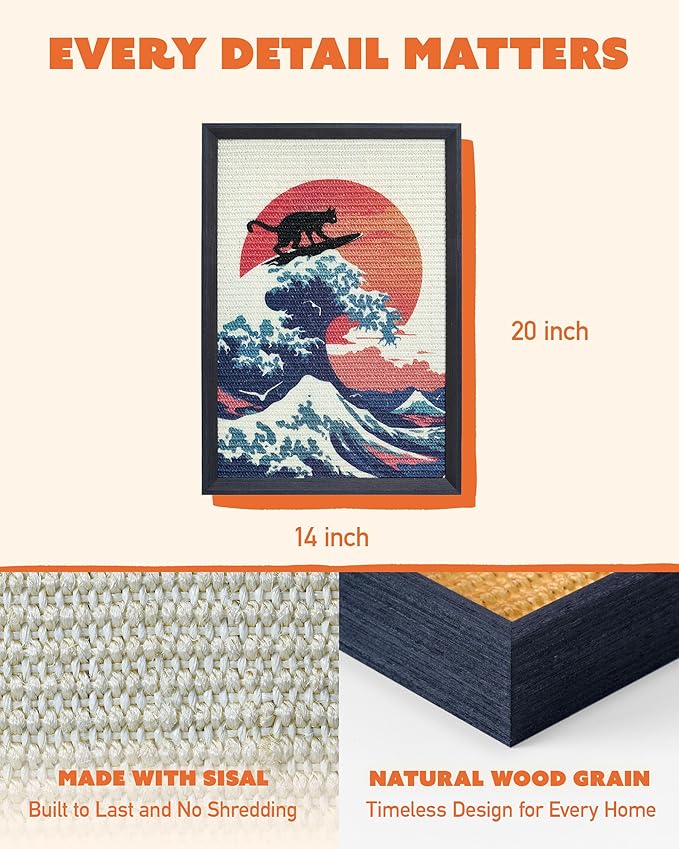Decorative Wall Art Sisal Cat Scratcher with Vertical Mounted Setup, 14x20 Large & Durable Scratch Pad Ideal for Adult Cats with Gallery-Style Frame That Looks Like a Painting (The Cat Wave)