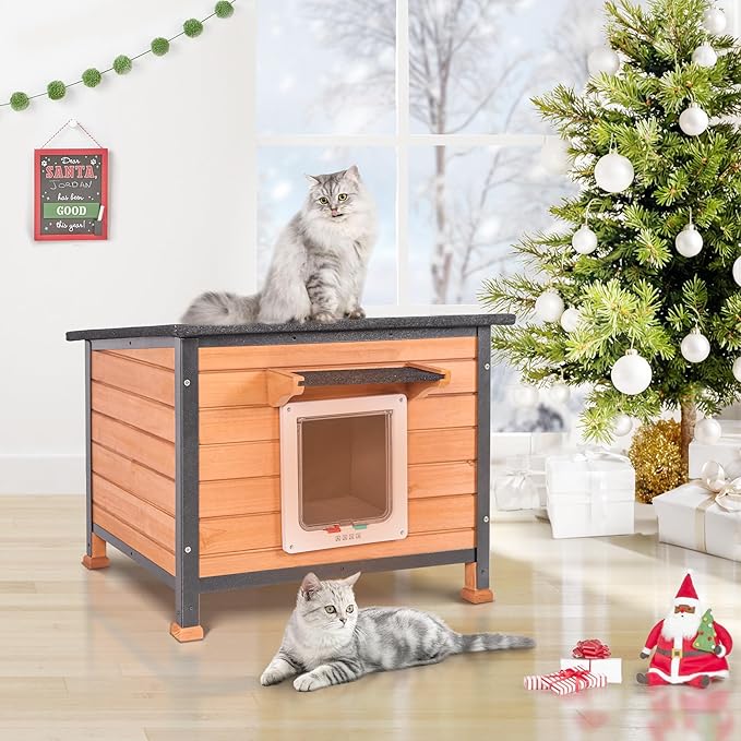 Outdoor Insulated Cat House Weatherproof for Winter, Feral Cat Shelter with Insulated Liner, All Round Metal Frame Wooden Condos, Indoor and Outdoor Use for Cat, Rabbit and Small Animal