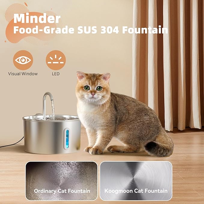 Cat Water Fountain Stainless Steel: 74oz/2.2L Cat Fountain for Drinking - Pet Water Fountain for Cats Inside - Automatic Dog Water Dispenser Bowl Feeding & Watering Supplies 6 Filters 3 Sponges
