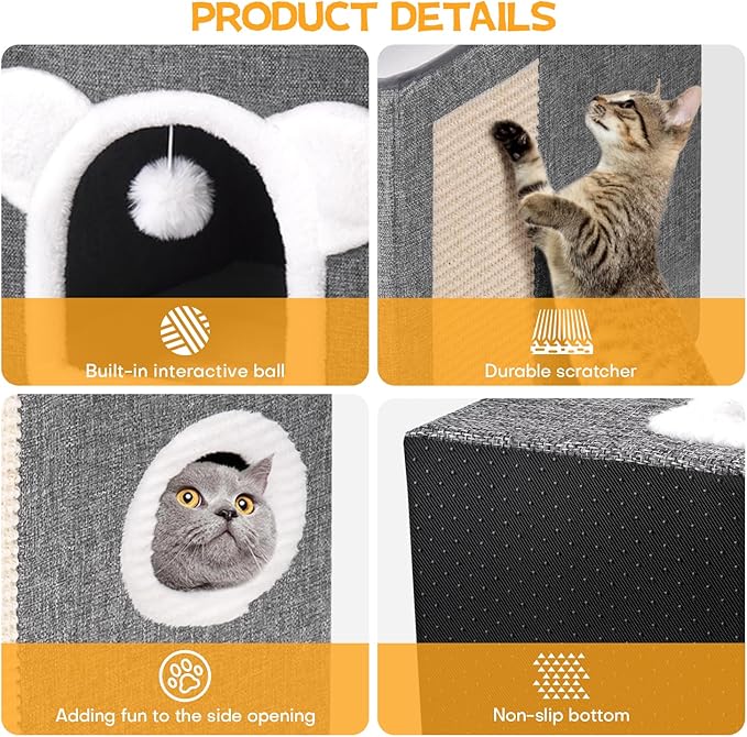 Cat Beds for Indoor Cats, Large Cat House Foldable Cat Cave with Scratch Pad and Hanging Fluffy Ball, Reversible Cushion Hideaway for Pet Cats, 16.5x16.5x13.2 inches, Dark Grey