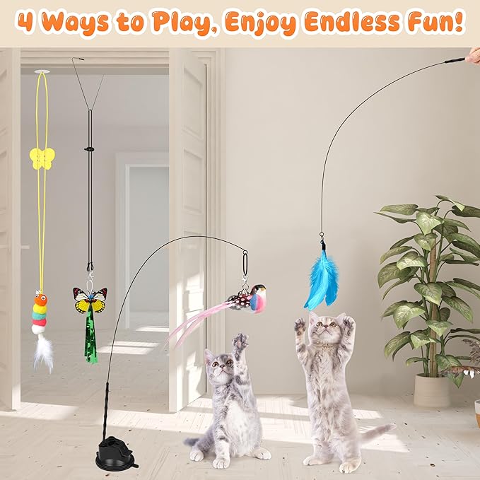 4-in-1 Interactive Cat Toys for Indoor Cat Feather Toys Suction Cup Cat Toys Simulation Feather Flying Bird Toy Replacements Cat Wand Toy for Kitten