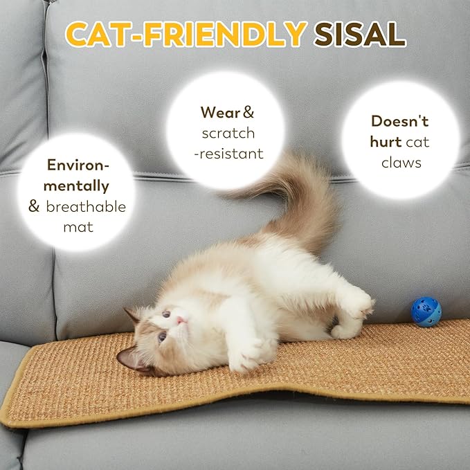 Cat Scratcher Mat with Sticky Tapes, 31.5" x 19.7" Sisal Cat Scratching Carpet for Indoor Cats, Horizontal Cat Scratcher for Cat House, Scratching Posts, and Couch Protection(Camel)