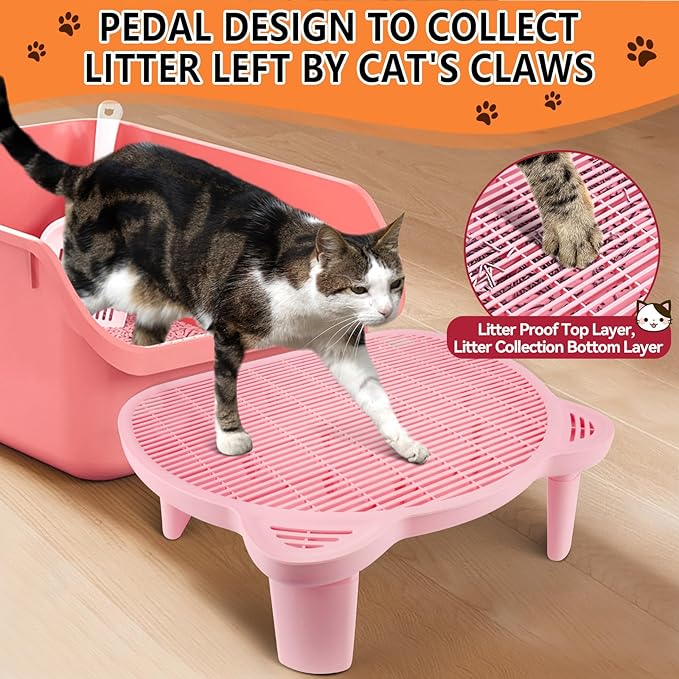 Adjustable Cat Ramp Litter Box Step Double Layer with Filter Function, Elevated Litter Box Ramp for Senior Cats Easy Cleaning Cat Litter Tray for Floor Indoor (Pink)