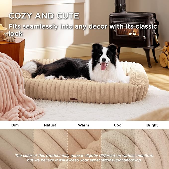 Bedsure Washable Dog Bed for Medium Dogs - Cute Furry Puppy Beds, Rectangle Orthopedic Corduroy Fleece Pet Beds with Removable Zipper Cover, 43x30x8inches, Sandy Tan