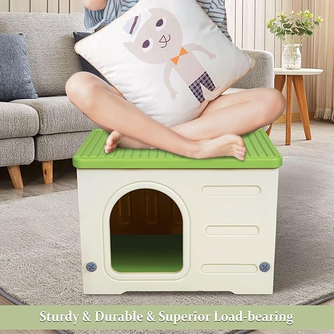 Deblue Plastic Cat House for Indoor Outdoor, Weatherproof Outdoor Cat House for Feral Cats, Unique Outside Cat Shelter for Small Pet, Easy to Assemble and Clean, Large Space - Green