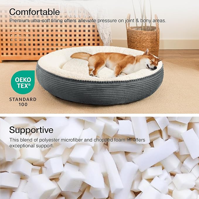 Love's cabin Round Donut Cat and Dog Cushion Bed, 36in Pet Bed for Medium or Large Dogs, Anti-Slip Water-Resistant Bottom, Super Soft Durable Pet beds, Washable Cat Bed Stripe Bluish Grey