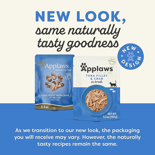 Applaws Natural Wet Cat Food in Broth, Limited Ingredient Wet Cat Food Pouches, No Additives, Made with Natural Ingredients, Tuna Fillet with Crab in Broth (12 x 5.3oz Pouches)