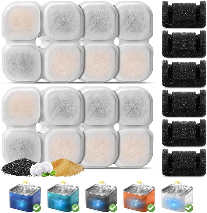 6 Set Cat Water Fountain Filter Replacement for 101oz/3L Crystal Cat Fountain, GISOFIK Pet Fountain Filters Replacement, Triple Filtration Replacement Filters (6 Filters, 6 Sponges)