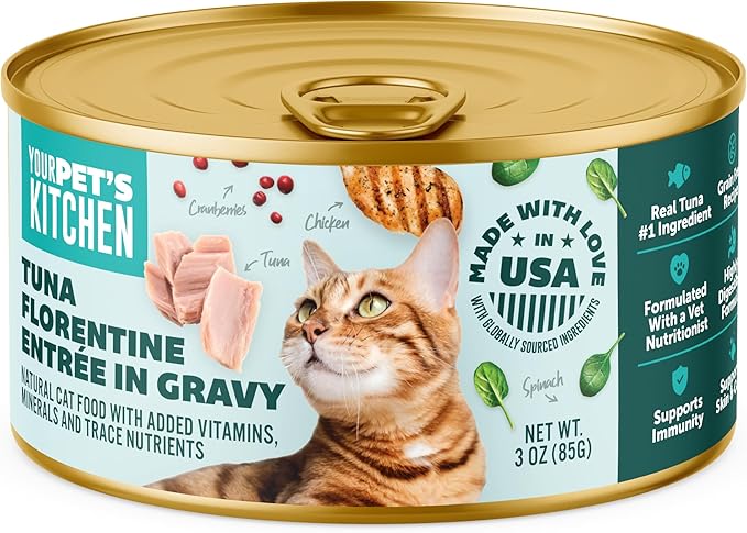 YOUR PET'S KITCHEN Canned Wet Cat Food, Tuna Florentine Entrée in Gravy - 3 oz Cans (Pack of 24), Made in The USA with Real Tuna