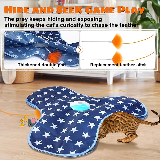Cat Toys Interactive Hide and Seek with Chirping, Motion Activated Cat Exercise Catching Game Moving Concealed Feathers Hidden in Bag