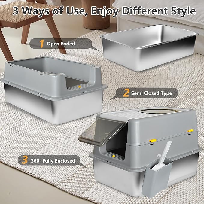 Stainless Steel Litter Box with Lid, XXL Extra Large Metal Cat Litter Boxes for Big Cats Enclosed, Easy to Scoop with Litter Scoop Set, High Sides Enclosure Anti-Urine Leakage Non-Sticky, Grey