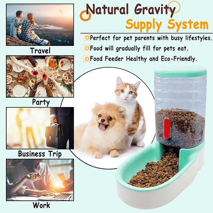 kathson Automatic Cat Feeder 1 Gallon Gravity Dog Food Dispenser Large Capacity Self Feeding Pet Food Bowl Station for Puppy Kitten Rabbit Green