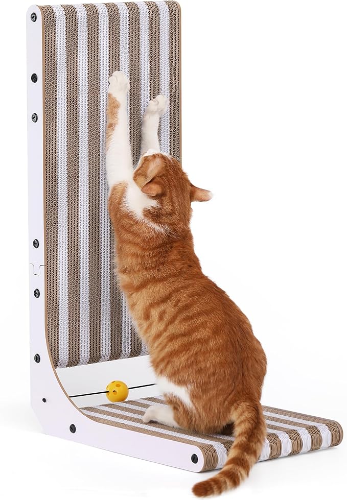 FUKUMARU Cat Scratcher, 26.8 Inch L Shape Cat Scratch Pad, Strip Pattern Cats Scratching Post Wall Mounted, Cardboard Cats Scratcher with Ball Toy for Indoor Kitty, Fun Playing Box Included, L
