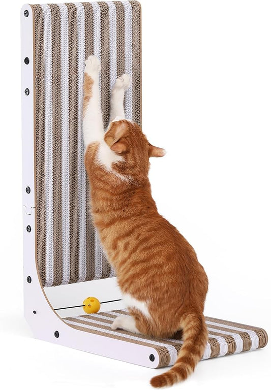 FUKUMARU Cat Scratcher, 26.8 Inch L Shape Cat Scratch Pad, Strip Pattern Cats Scratching Post Wall Mounted, Cardboard Cats Scratcher with Ball Toy for Indoor Kitty, Fun Playing Box Included, L