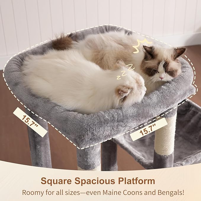 Heybly Heavy Duty Cat Tree, Tower for Indoor Cats large adult, Tall Cat Condo House with Extra-Large Baseboard, Multi-Level Plush Furniture with Scratching Posts, Hammock, Toy Ball, Light Gray HCT026W