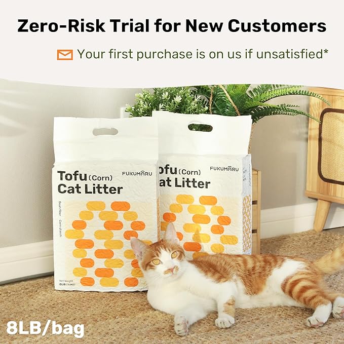 FUKUMARU Tofu Cat Litter, 32lb Fast Clumping & Superior Odor Control, 100% Natural with Bean Dregs & Corn Starch, Dust-Free, Flushable, Low Tracking, Ultra Absorbent, Lightweight, 8lb x 4 Bags