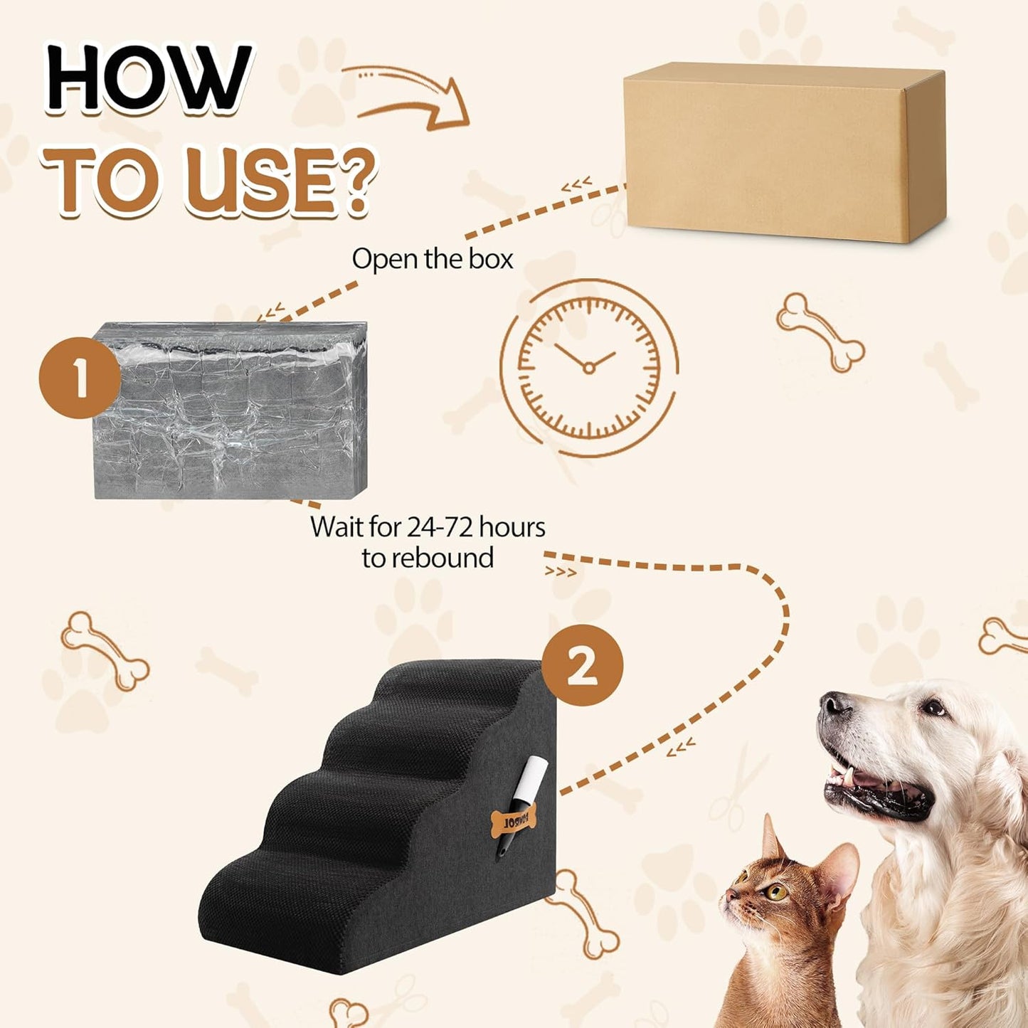 Dog Stairs, Romrol Dog Steps Ramp for High Bed and Couch, Dogs Ramp with Durable Non-Slip Waterproof Fabric Cover, Pet Stairs for Small Dogs and Cats or Pets Joints, 4-TiersBlack
