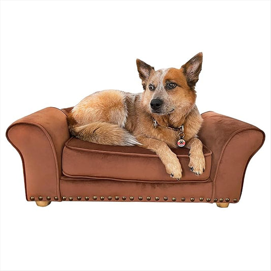 Critter Sitters 34-in. Faux Velvet Sofa in Brown for Medium-Sized Dogs and Cats, Durable and Stylish Dog Bed for Bedroom and Living Room