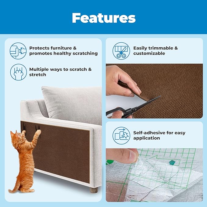 Best Pet Supplies Catify Peel & Stick Cat Scratching Mat – Self-Adhesive, Trimmable Cat Scratch Pad Cover - Carpet, Sofa, Furniture Protector – Replaceable Adhesive Stickers - Brown & 39.4 x 15.8