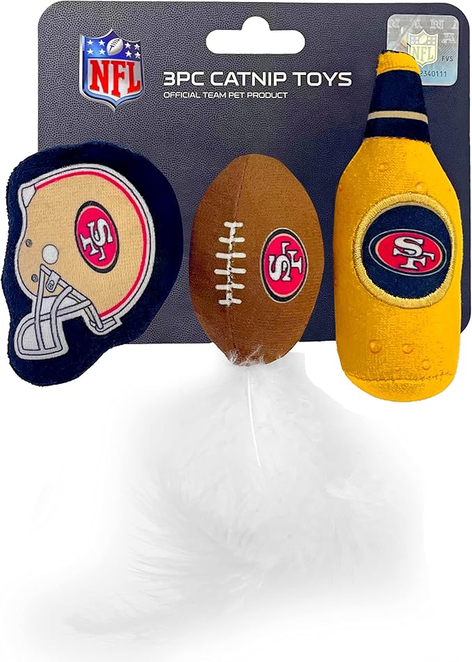 BEST PLUSH CAT TOY NFL SAN FRANCISCO 49ERS Complete Set of 3 piece Cat Toys filled with Fresh Catnip. Includes: 1 Helmet Cat Toy, 1 Football Cat Toy with Feathers & 1 Beer Bottle. Beautiful Team LOGOS