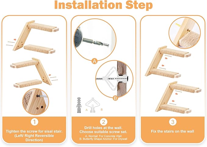 Cat Climbing Stair Shelf Wall Mounted Reversible Left & Right Direction, Cat Stairway Shelf for Climbing with Sisal Rope Ladder Wall Furniture