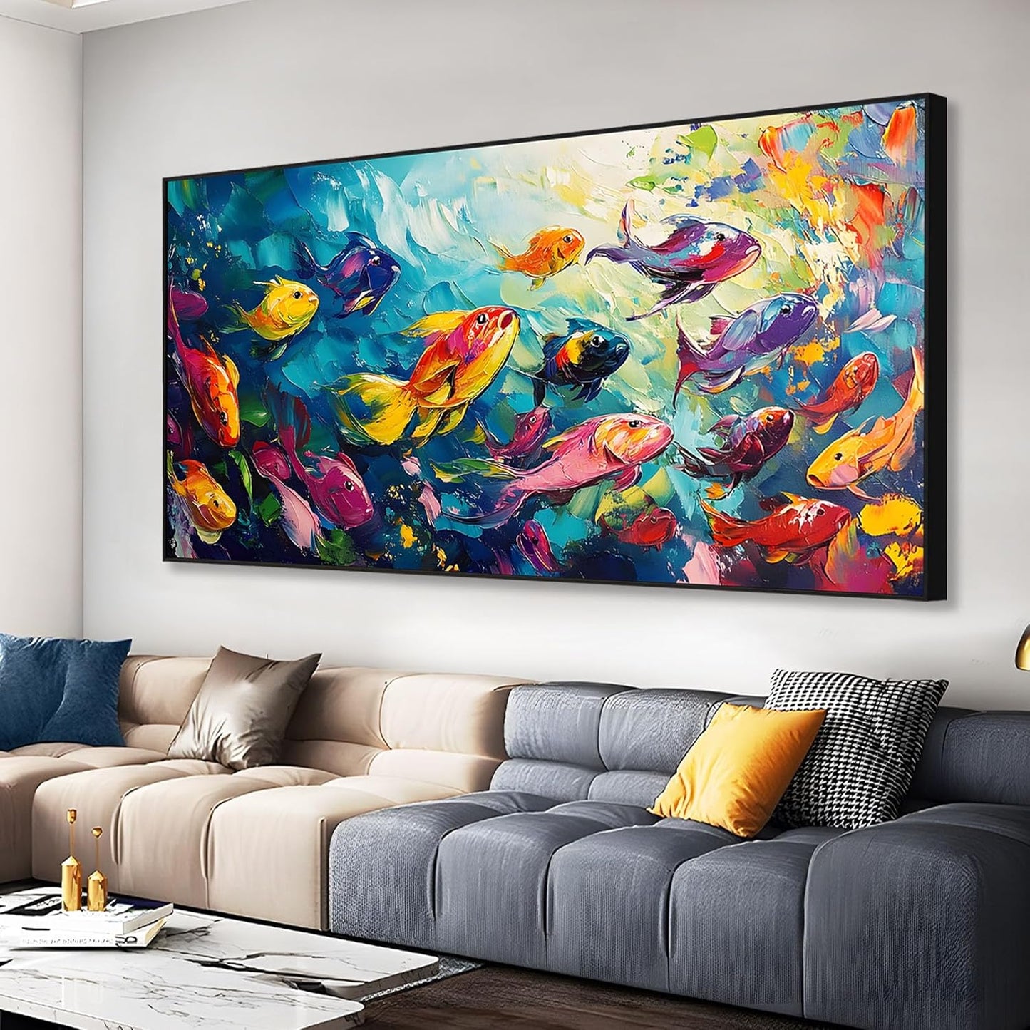 School of Fish Printed Canvas Wall Art – Framed Abstract Ocean Print – Vibrant Fish Wall Decor for Living Room, Bedroom, Office (Gold Framed, 47"x23"|120x60cm)
