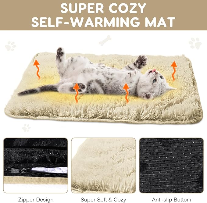 4 Pack Self Warming Cat Bed Pad Self Heating Dog Mat with Fluffy Faux Fur Plush Cat Calming Bed Thermal Mat Washable Pet Pad Anti Slip Bottom for Outdoor Indoor Pets(Camel,16" X 20")