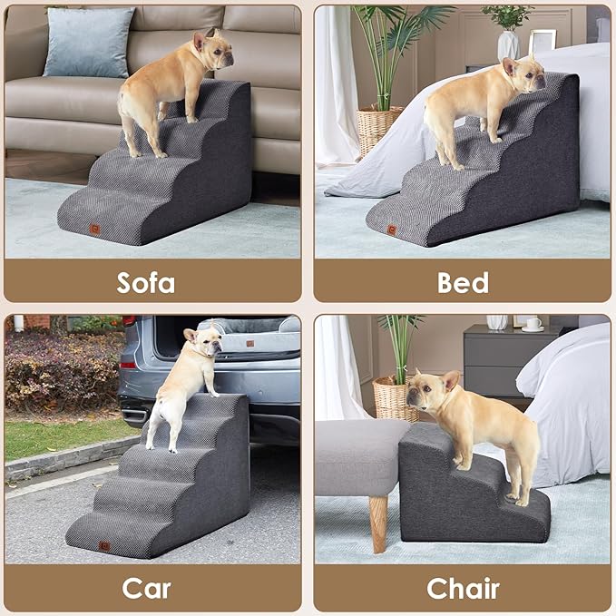 EHEYCIGA Curved Dog Stairs Ramp for High Beds 22.6" H, 5-Step Dog Steps for Small Dogs and Cats, Pet Stairs for High Bed Climbing, Non-Slip Balanced Pet Step Indoor, Grey