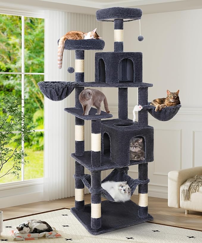 AMHANCIBLE Cat Tree, 70 Inch Tall for Indoor Adult Cats, Large Multi-Level Tower with Scratching Post, Hammock, Condos, Hanging Basket, Activity Center to Play and Sleep, Dark Grey, PT18DG