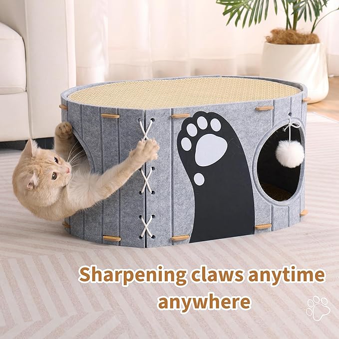 Cat House for Indoor Cats, 23" x 15" x 12" Large Felt Covered Cat Cave for Multiple Cats,Clawsable Enclosed Cat Hideout Houses & Condos with Fluffy Ball,Cozy Scratch Resistant House for kitty