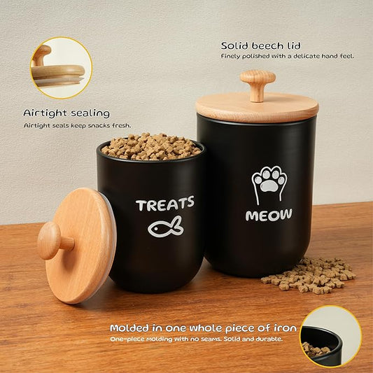 Cat Treat Container with Airtight Lid, Cat Food Oganizer Dry Food, Cat Food Storage Containers, Pet Treats Canister, Cat Treat Jar Set of 2-8.3x4.9 & 7.1x4.3 (Black)