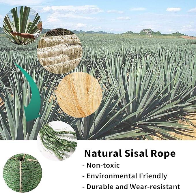 Green Cat Sisal Rope 6mm,JSPYFITS 1/4 inch Premium Durable Unoiled Sisal Twine for Repairing, Recovering or DIY Scratcher, Twisted Fiber Hemp Rope for Cat Tree and Tower (10M/33FT)