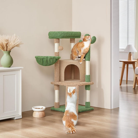 Yaheetech Cactus Cat Tree, 42in Cat Tower for Indoor Cats, Multi Level Kitten Condo Scratching Post, Pet Activity Center Furniture w/Ball, Plush Perch, Platform, Basket, Brown/Green