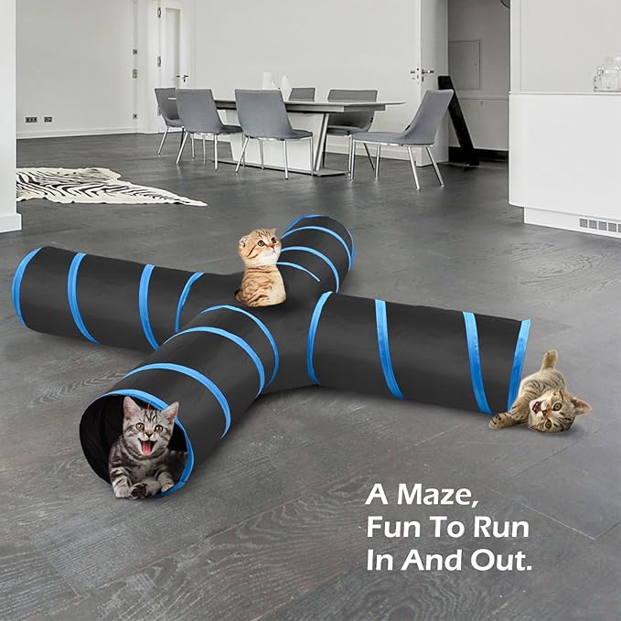 PAWABOO Cat Tunnel, Premium 4 Way Tunnels Extensible Collapsible Cat Play Tunnel Toy Maze Interactive Tube Toy Cat House with Pompon and Bells for Cat Puppy Kitten Rabbit, Black & Light Blue