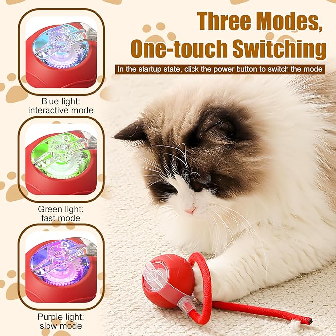 Interactive Cat Toys Ball for Indoor Cats, 2025 New Automatic Rolling Pet Balls with Rope, Three Modes Adjustment, Rechargeable Cat Enrichment Toys (Gray)