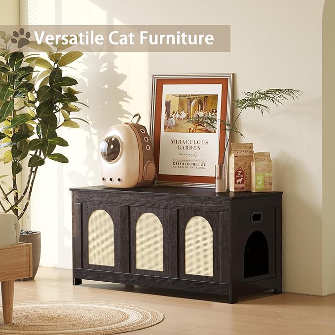 DINZI LVJ Cat Litter Box Enclosure, Flip Top Litter Box Furniture, Rattan-Like Hidden Cat Washroom, Wooden Pet House, End Side Table, 39.4"L x 19.7"W x 19.7"H, Easy to Assemble, Espresso with Rattan