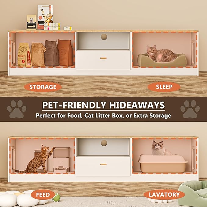 2-in-1 Cat Cabinet with Scratching Posts Litter Box Enclosure with 78.7" TV Stand Modern Cat House Scratch-Resistant for Living Room Home Office