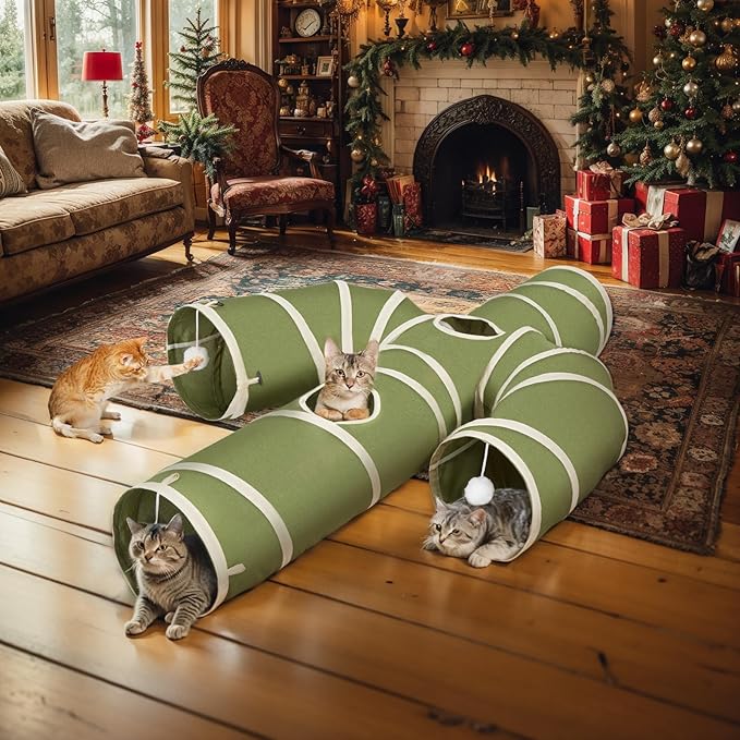 Ownpets Cat Tunnel Cactus-Shaped, Sturdy Oxford Fabric Collapsible Cat Tunnels for Indoor Cats,Interactive Peek Hole Pet Tunnel Tube with Cat Wand Toy, Green