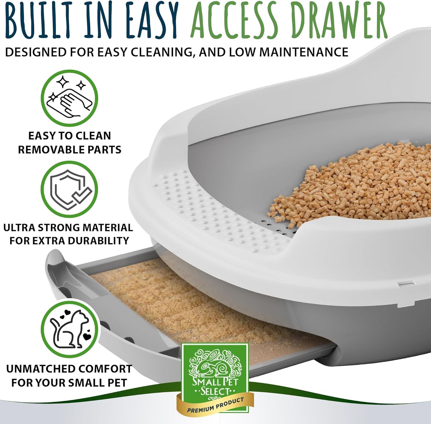 Small Pet Select - Sifting Cat Litter Box, with 5 Pee Pads and Litter Scoop, Premium System for Cats and Other Small Animals, Tidy and Easy to Clean with Drawer, Scoop, and Removable Tray