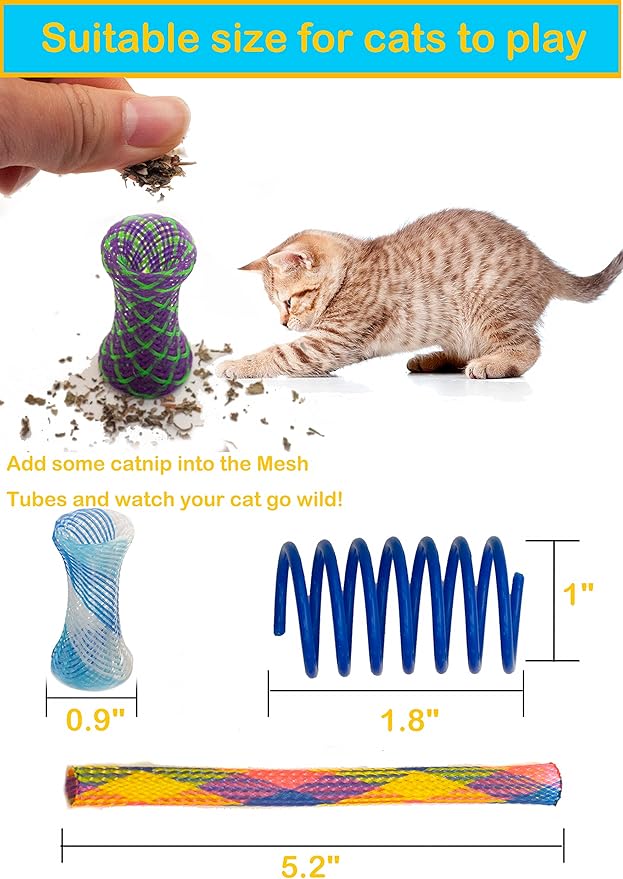 Fashion's Talk 49PCS Cat Spring Toy for Kitten Catnip Bag Mesh Tubes Spring Cat Toy Bulk for Indoor Cats Kitty