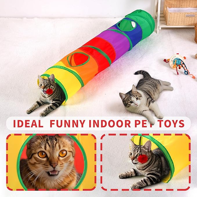 ‌Coolcandy Cat Tunnel & Interactive Cat Toy Indoor, Long Straight Through Tunnel Toys for Indoor Cats, Collapsible Interactive Peekaboo Cave with Play Ball, for Multi-Way Play & Small Animals