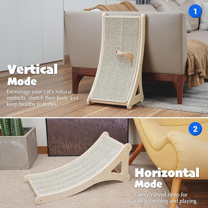 PETKARAY Curved Cat Scratcher, Sisal Kitty Scratching Ramp, L Shape Scratch Pad for Indoor Cats, 25.6" Furniture Protector with Mouse Toy, Chevron Style