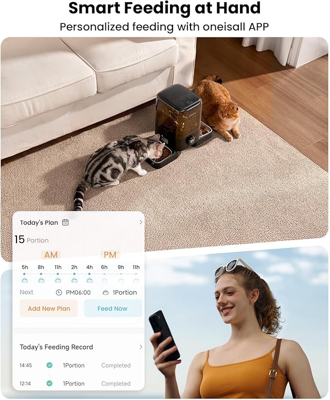 oneisall Wireless WiFi Automatic Cat Feeders 2 Cat, Rechargeable 100-Day Battery Operated Timed Cats Feeder, 20 Cups/5L Cats Food Dispenser Automatic for Large Kibble, Smart App Control.