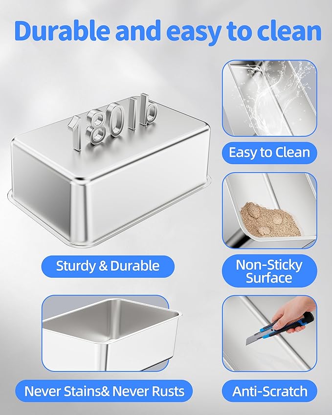 Stainless Steel Litter Box Set- [4-in-1] Cat Litter Box with Litter Scoop, Brush, Cat Wands, Non-Sticky Metal Litter Box for Cat, Kitty, Rabbit, Odorless, Easy Clean (17.7” x 13.8“ x 6”, 1 Pack)