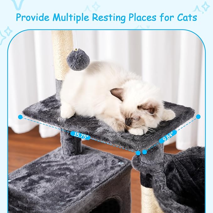 Hey-brother Cat Tree, 42.5-Inches Cat Tower for Indoor Cats, Plush Multi-Level Kitten Cat Condo with Scratching Post, Ramp, Basket, Spacious Cat Cave, Hanging Ball, Smoky Gray MPJ007SG