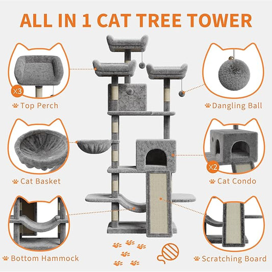 68.5 Inch Multi-Level Cat Tree, Plush Cat Tower with Condo/Sisal Scratching Posts/Hammocks/Basket/Dangling Ball/Platform, Heavy Duty Cats Tree to Play and Sleep, 2605#Light Grey
