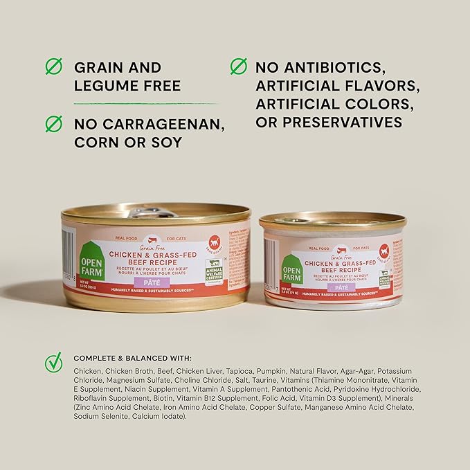 Open Farm Canned Cat Food, Paté for Complete & Balanced Nutrition, Grain-Free and Legume-Free Wet Cat Food, Chicken & Beef Recipe, 5.3oz Cans (Case of 12)