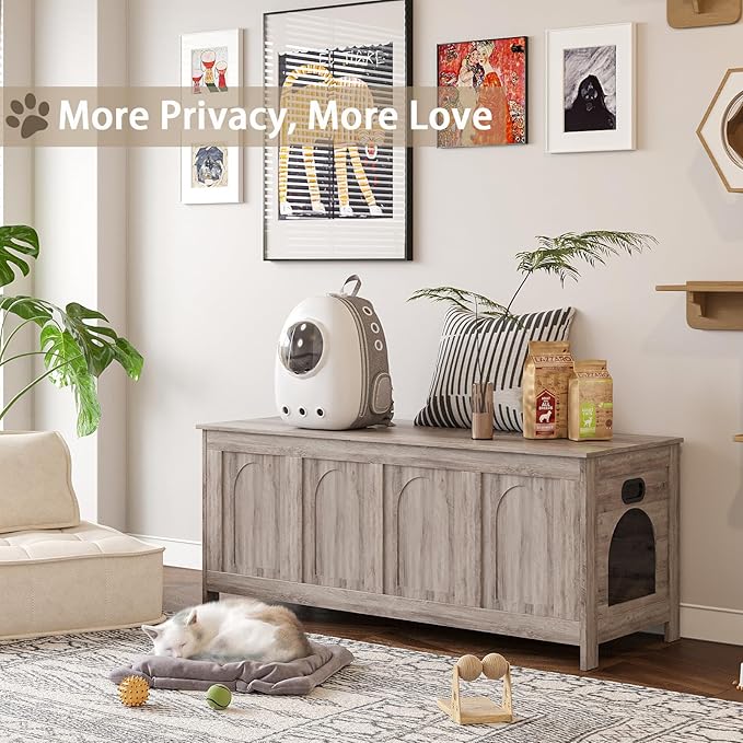 DINZI LVJ Cat Litter Box Enclosure, Flip Top Litter Box Furniture, Hidden Cat Washroom, 2-Entrances Wooden Pet House, 47.2" L x 18.7" W x 19.7" H, End Side Table, TV Stand, Easy to Assemble, Greige