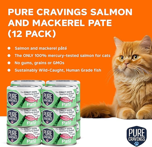 Salmon and Mackerel Pate, Canned Wet Cat Food, 100% Mercury-Tested, Moist Can Fish, Grain-Free Protein, Non-GMO, 12 Pack