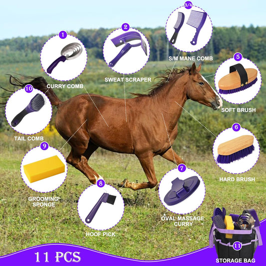 Horse Grooming Kit - 11 Piece Bathing Supplies with Organize Bag, Full Body Kit Including Sweat Scraper, Bath Sponge, Hoof Pick, Massage Comb (Purple)